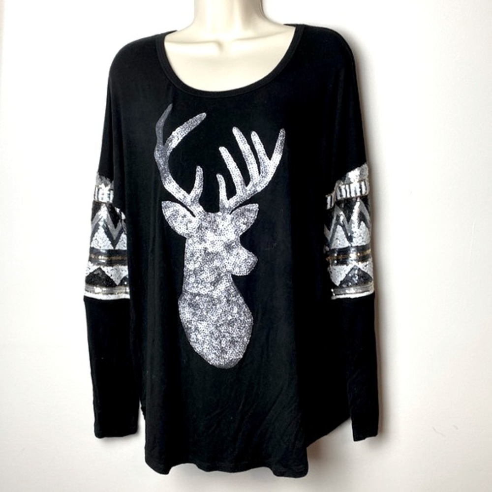 Pink Owel women’s glitter sequined black deer stretchy long sleeve Tee Size M